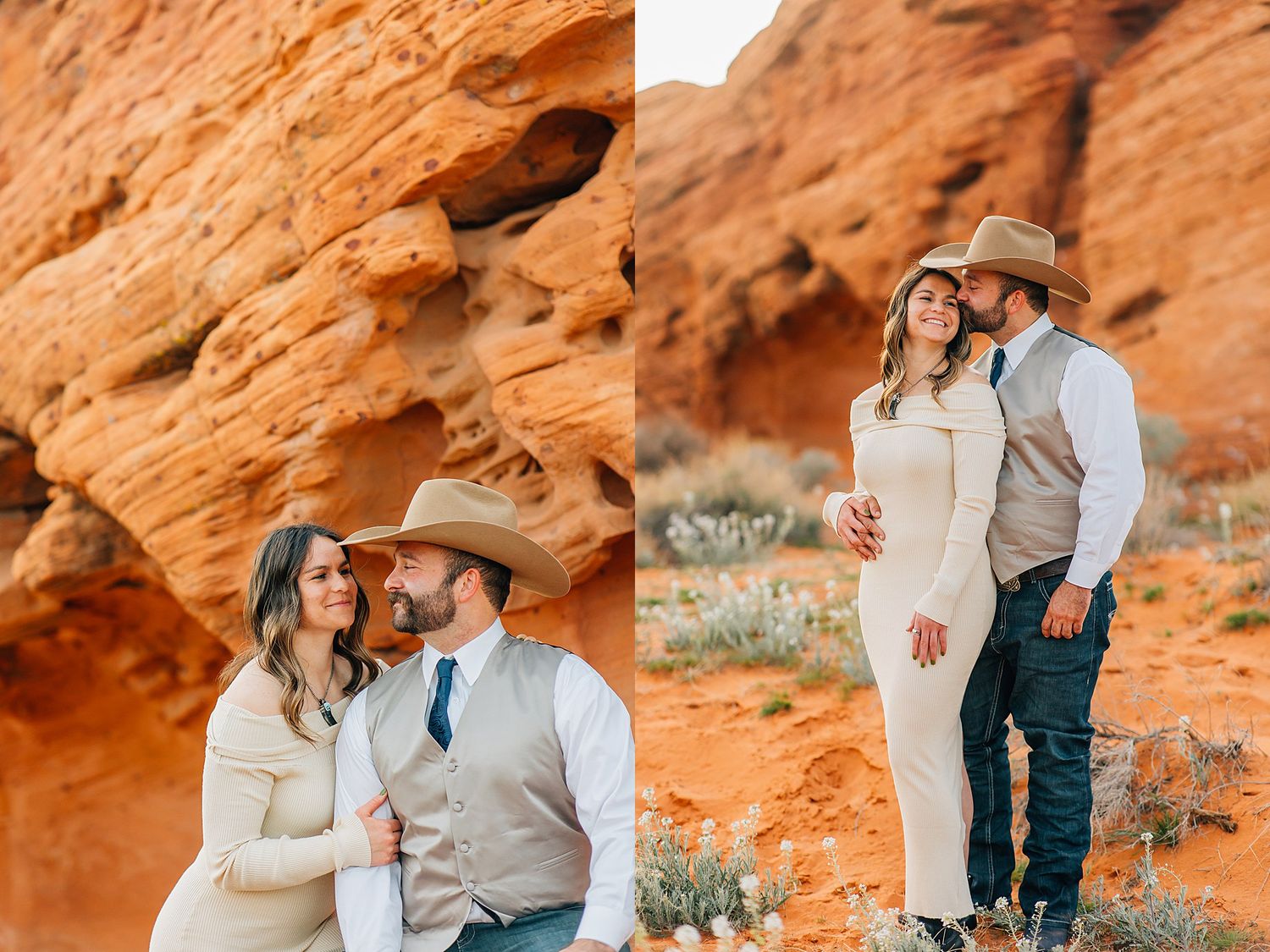 A western-styled couple shares intimate moments against towering red sandstone cliffs in a desert setting.
