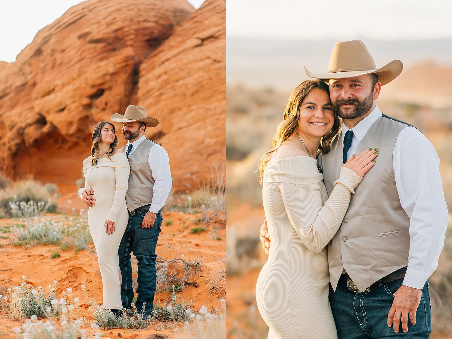 A couple poses in formal attire against red rock formations and desert landscape during a romantic photoshoot.