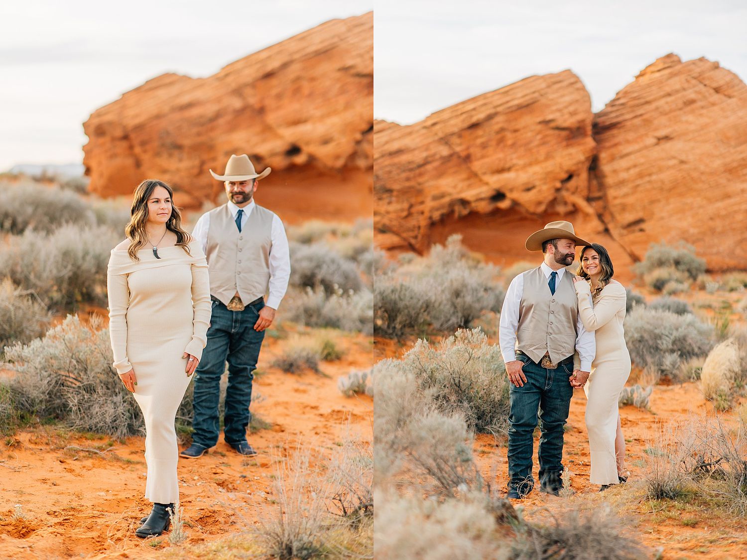 Couple shares romantic moments against stunning backdrop of red rock formations and desert brush in Valley of Fire.