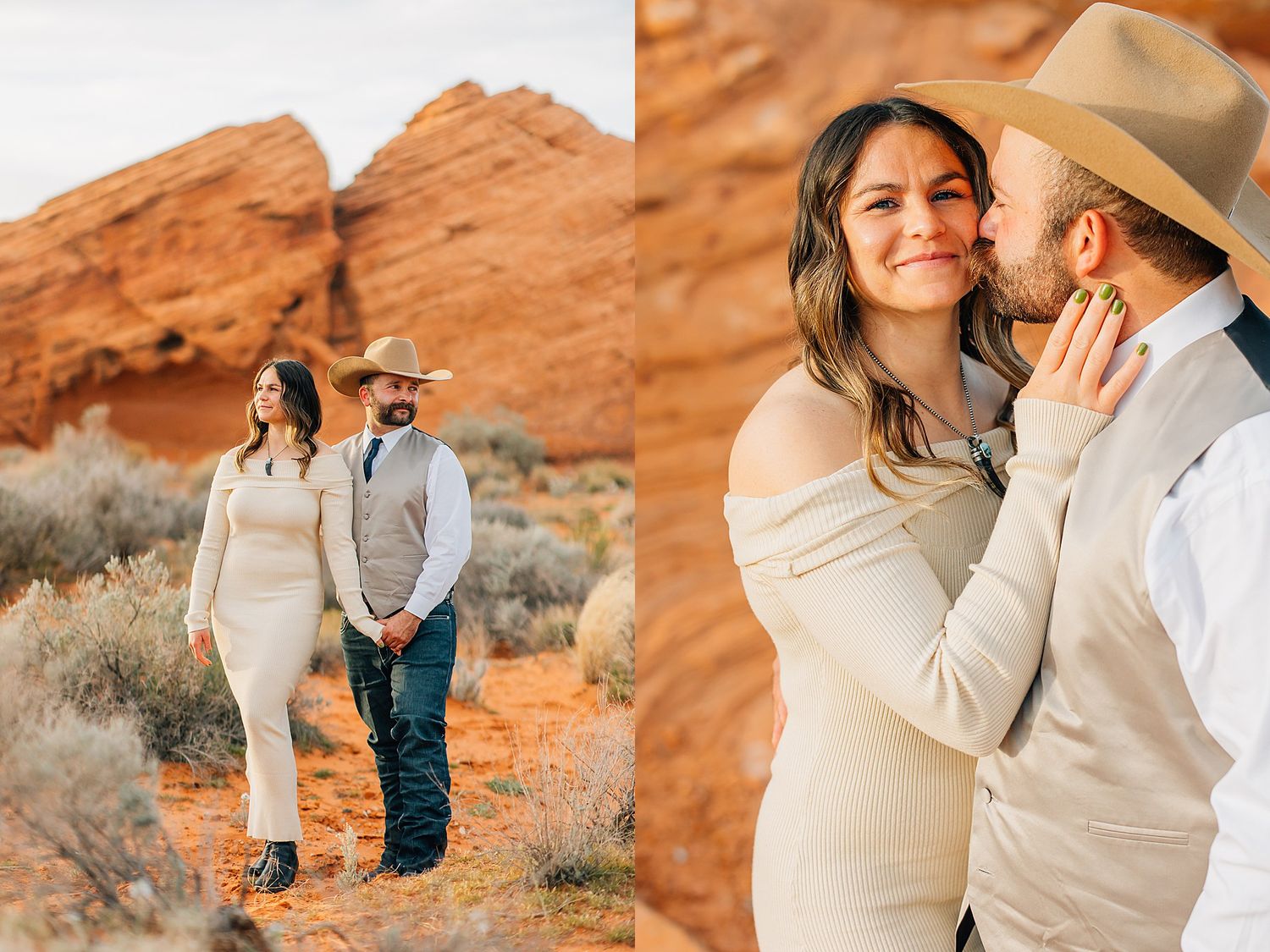 Couple in light-colored attire posing against stunning red rock formations in a desert landscape.