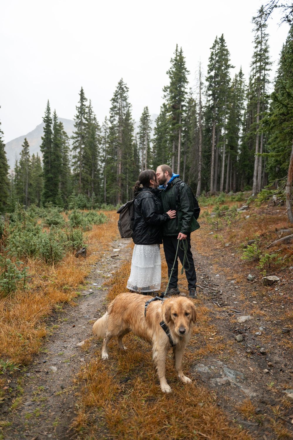 An eloping couple dressed in wedding attire and down jackets share a kiss with their dog in front in a forested path with pine trees by them