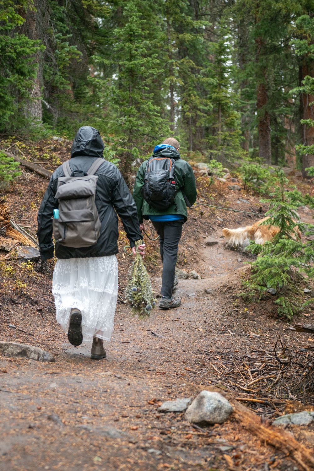 An eloping couple in rain gear holding hands while hiking a forest trail, she wears a white lace skirt, he wears a suit and backpack.