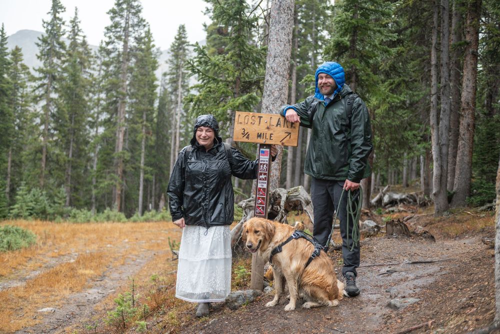 An eloping couple with dog stand by a trail sign on rainy forest trail in matching rain gear, surrounded by tall pine trees.