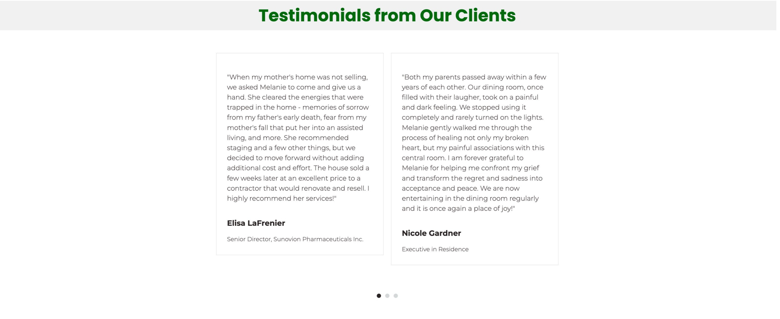 Testimonials section with multiple text blocks showing client feedback and reviews on a white background.