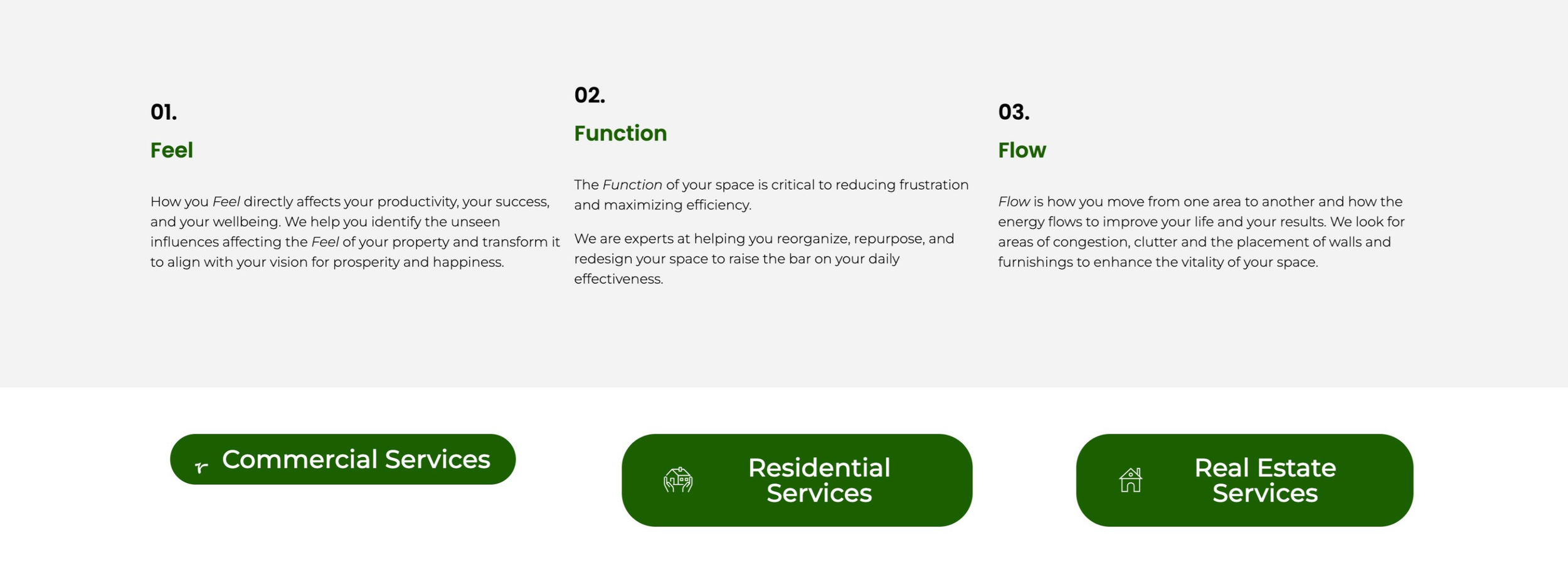 Clean website footer design with three green call-to-action buttons for commercial services and real estate.