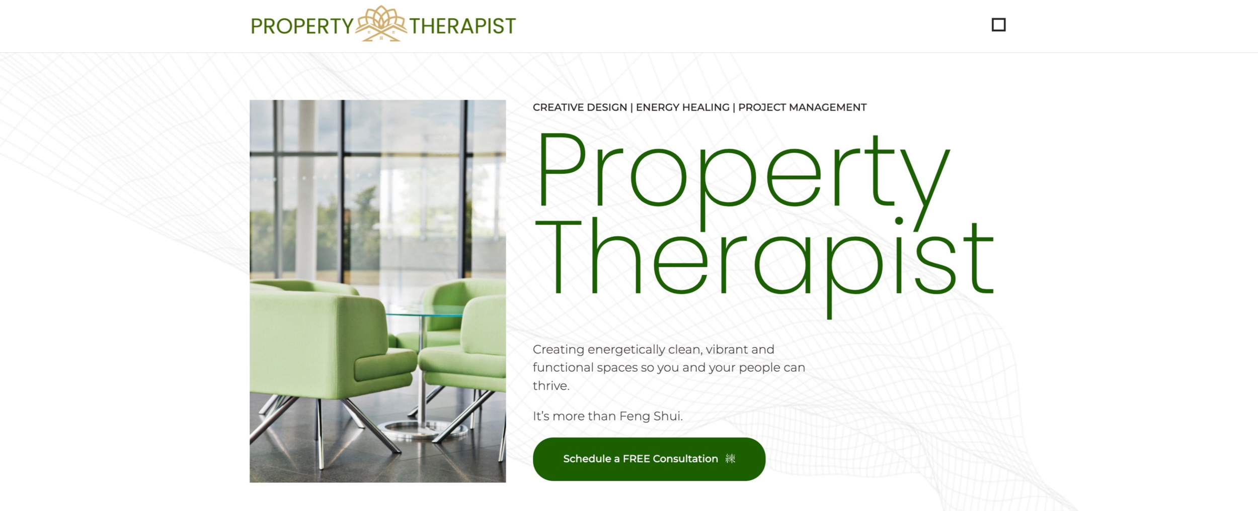 Green and white website design mockup showing property therapist branding and layout elements.