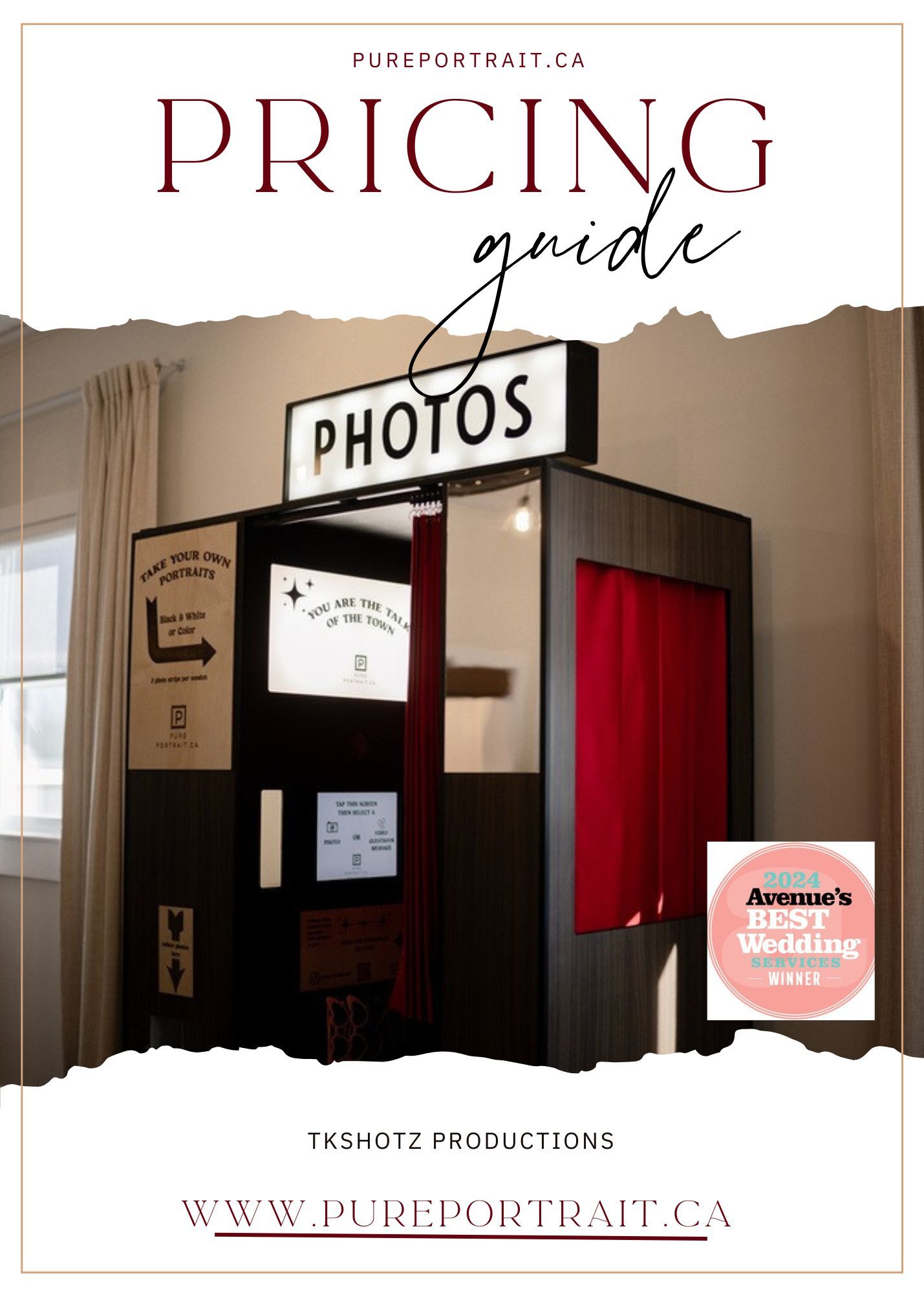 A vintage-style photo booth with a red curtain and 'PHOTOS' sign advertising pricing guide for Pure Portrait photography.