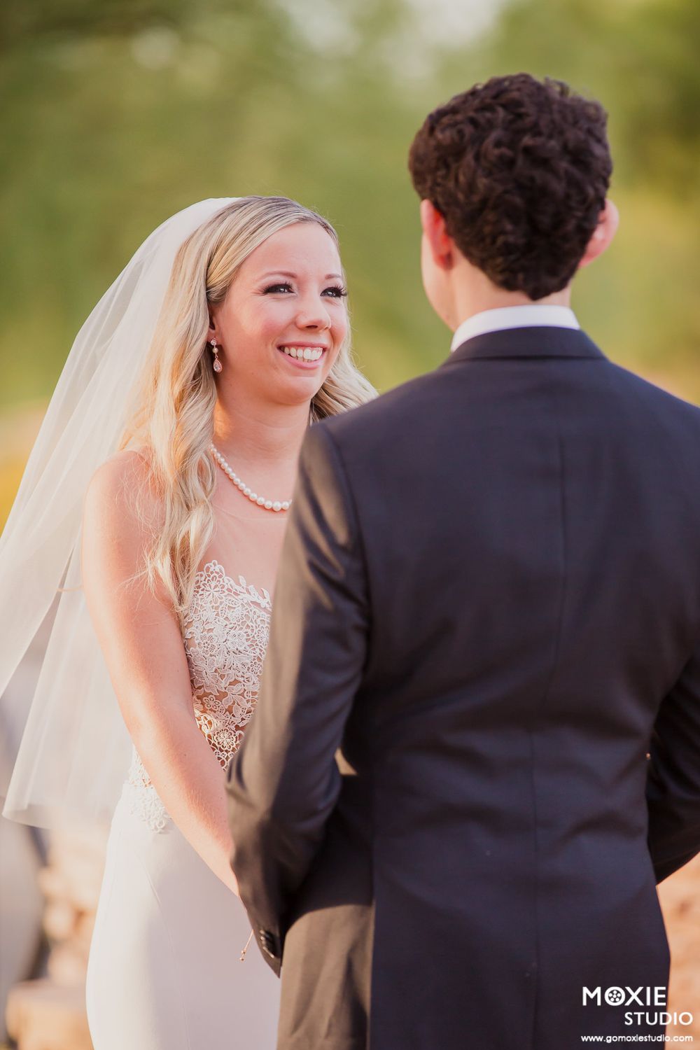 A series of candid wedding ceremony moments showing joyful expressions and interactions between the couple outdoors.