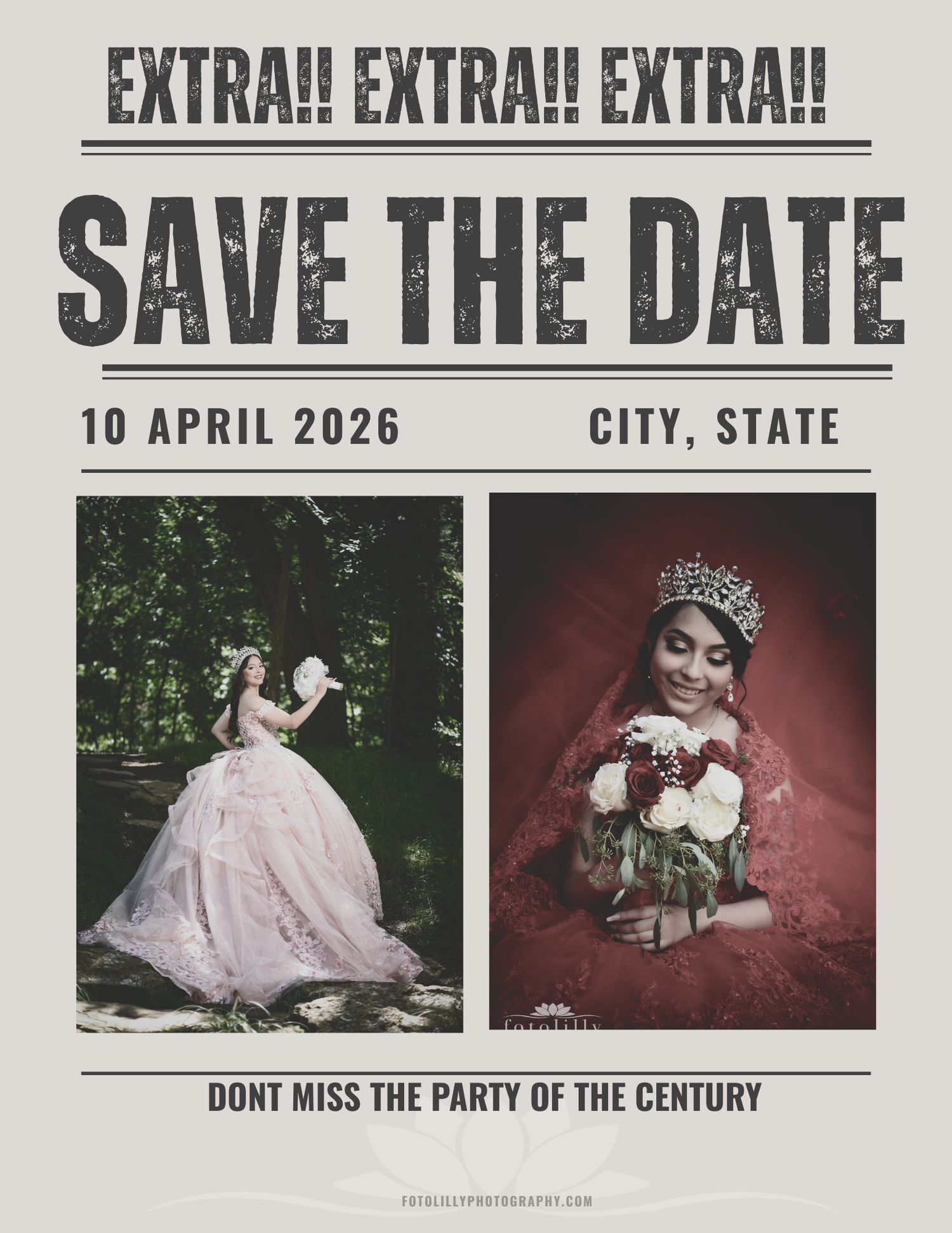 Top view round table quinceañera setup with folded Save the Date newspaper template on each plate