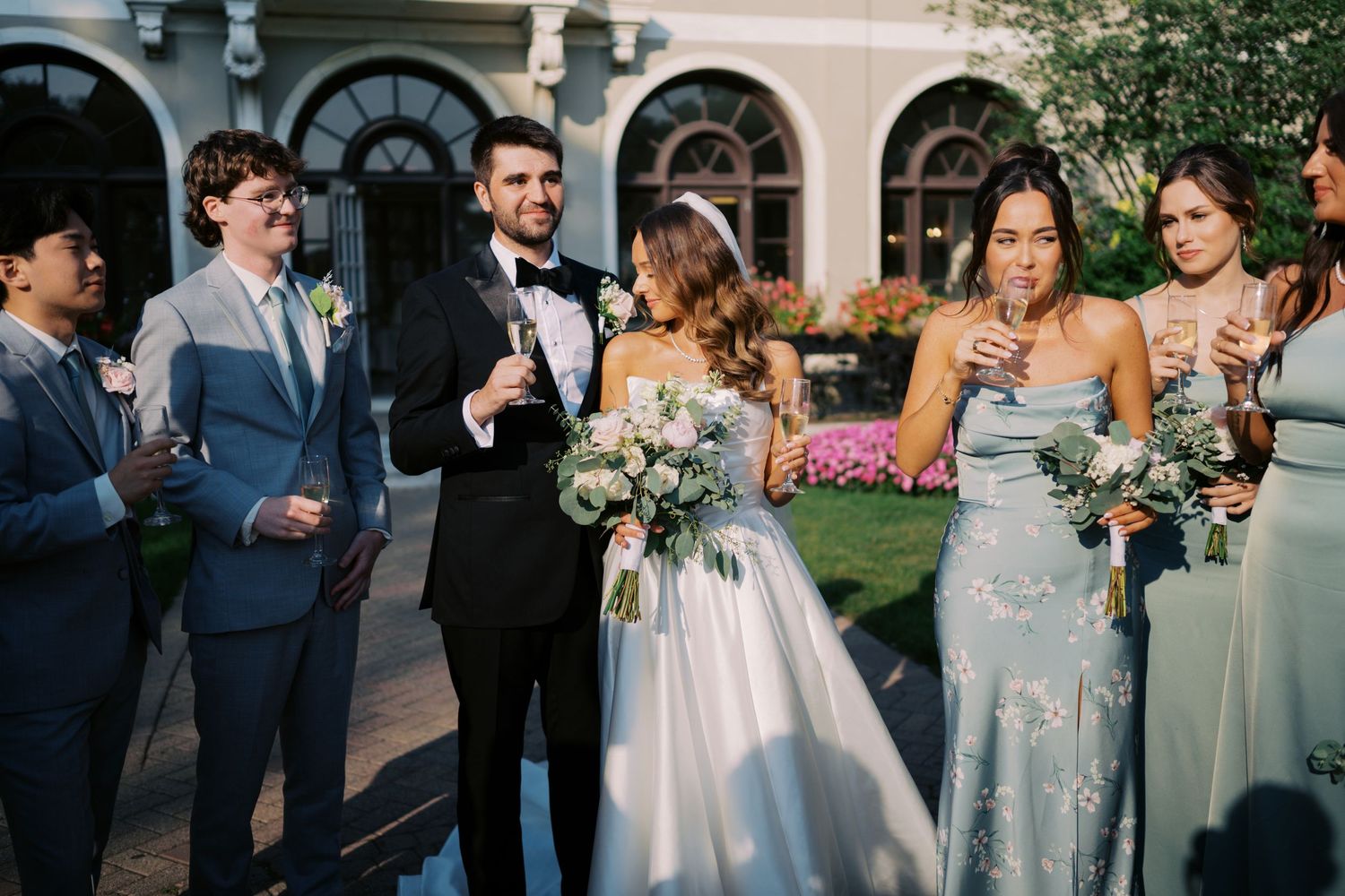 A collage of wedding celebration moments showing guests mingling outdoors at an elegant venue.