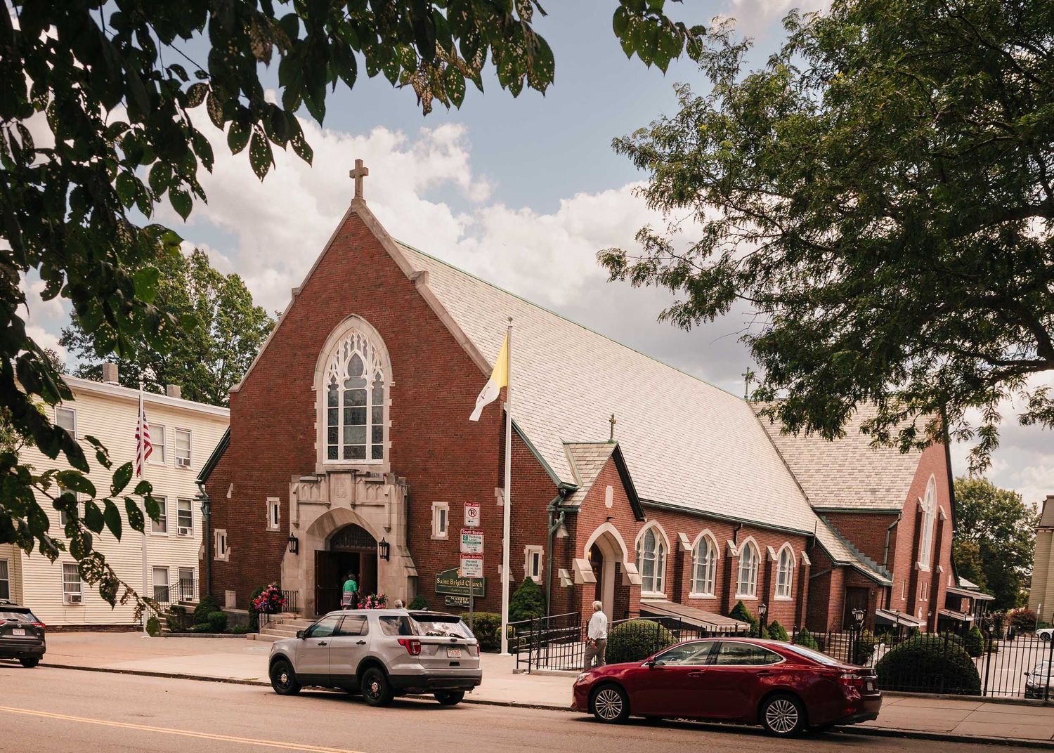 Exterior of Saint Brigid Church in South Boston where the wedding ceremony took place