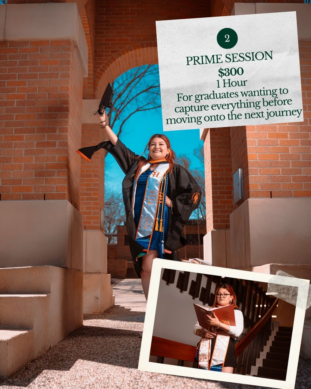 Graduate in blue gown and cap poses for photos in a brick archway on graduation day.