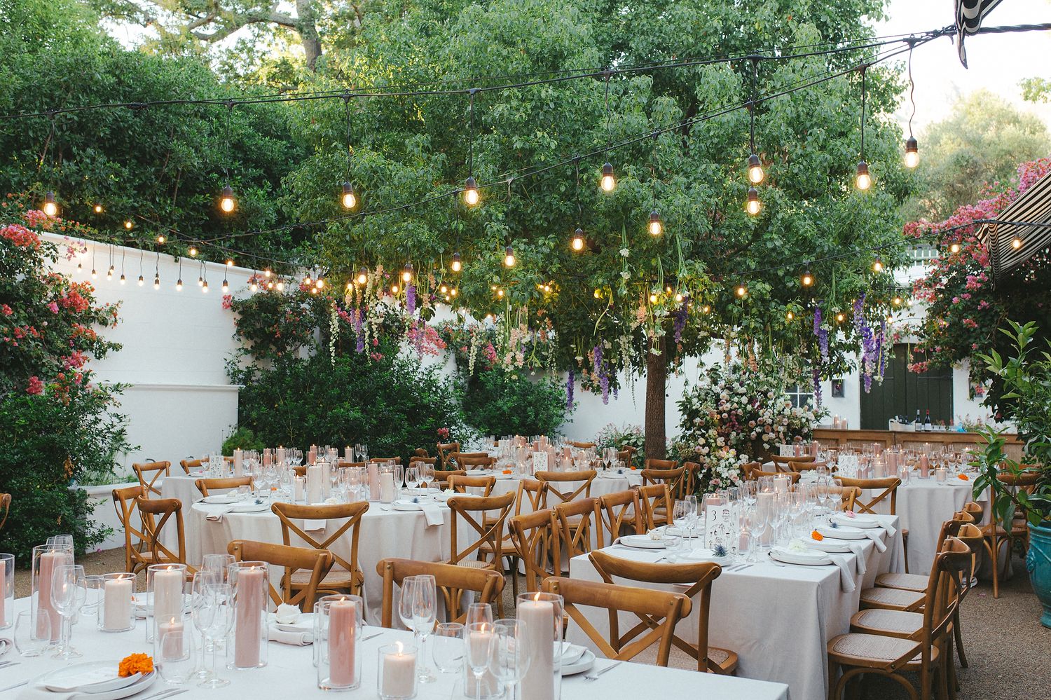Al fresco wedding reception in the courtyard at La Cotte