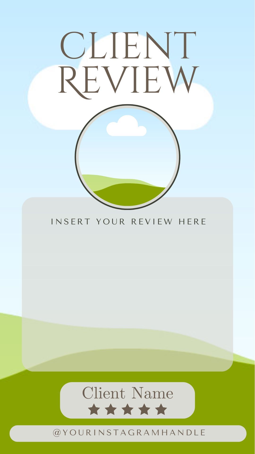 A minimalist green and white client review template design with star rating and Instagram handle fields against a cloudy sky.