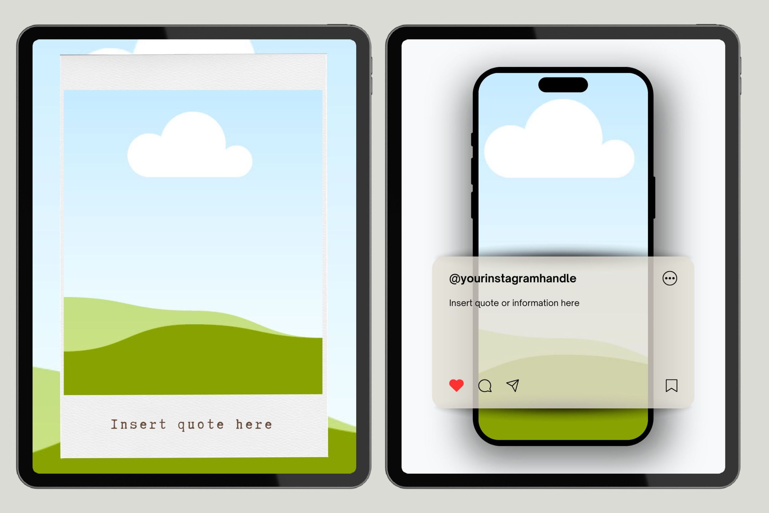 A series of minimalist interface mockups showing green hills against white backgrounds on various device screens.