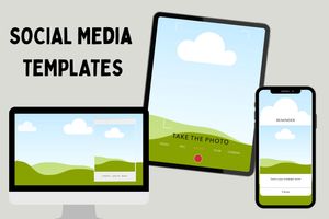 A series of mobile device mockups showing social media templates with green landscape backgrounds.