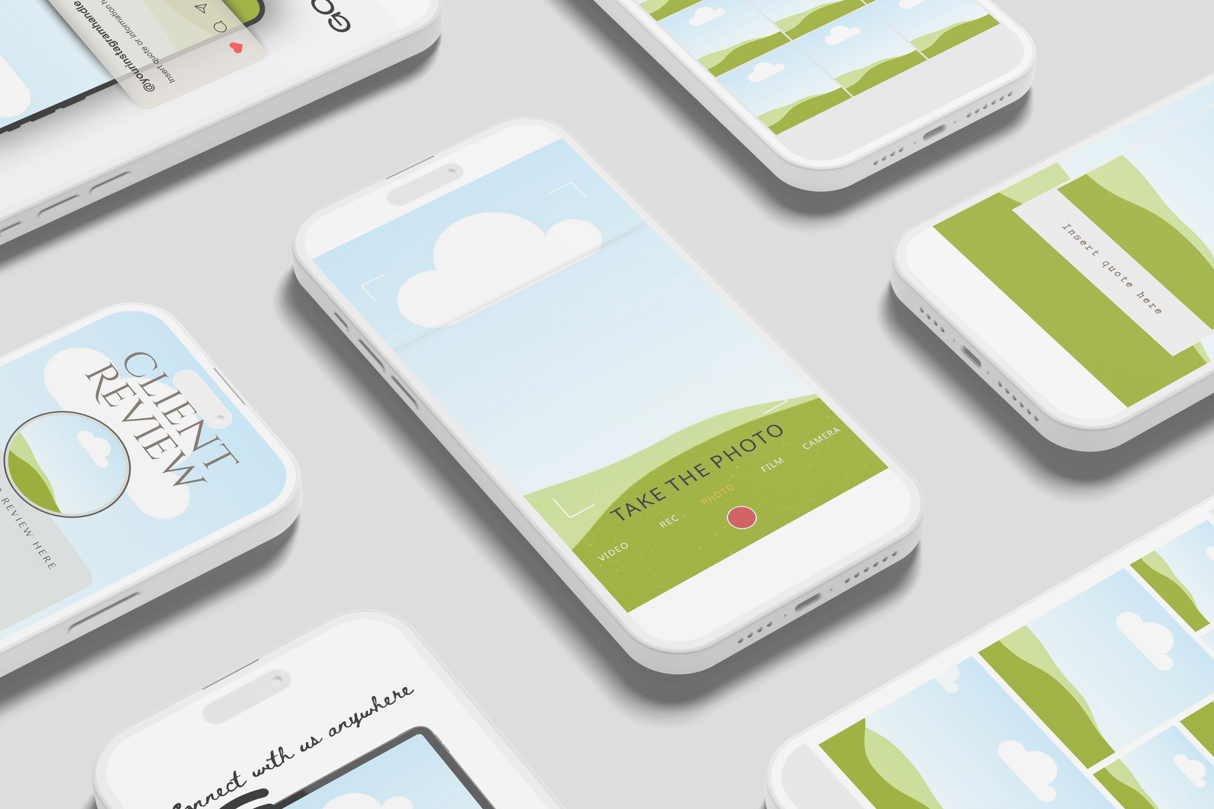 Multiple smartphones displaying green and white app interface mockups arranged on a light gray background.