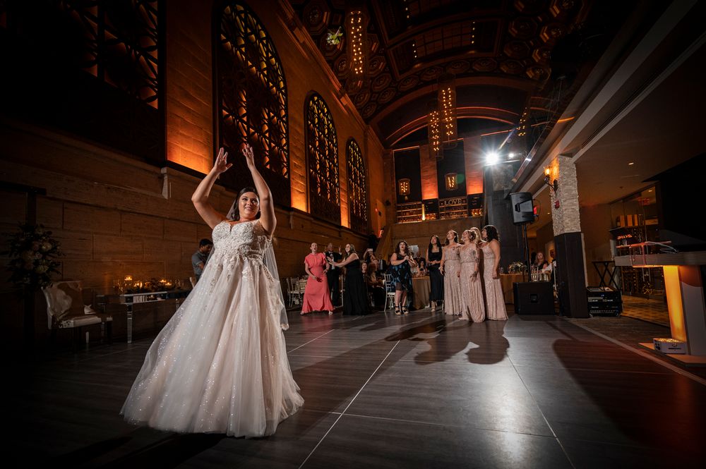 A sequence of wedding reception dance floor at a Union Trust wedding showing silhouettes and dramatic lighting effects.
