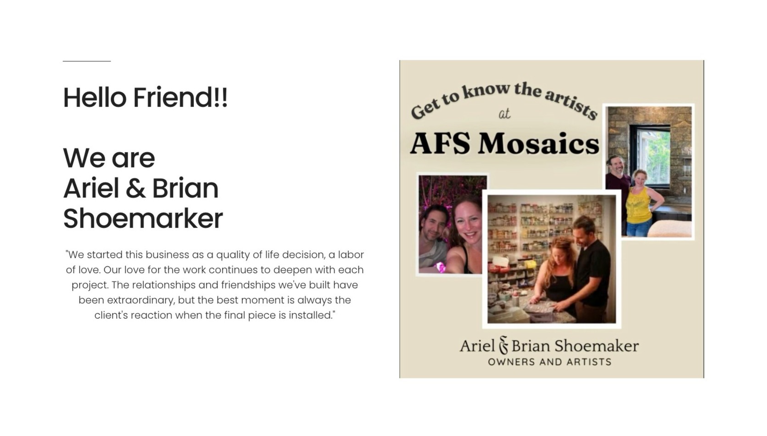 A collection of website screenshots showing business branding and headers for an art and shoemaking company.