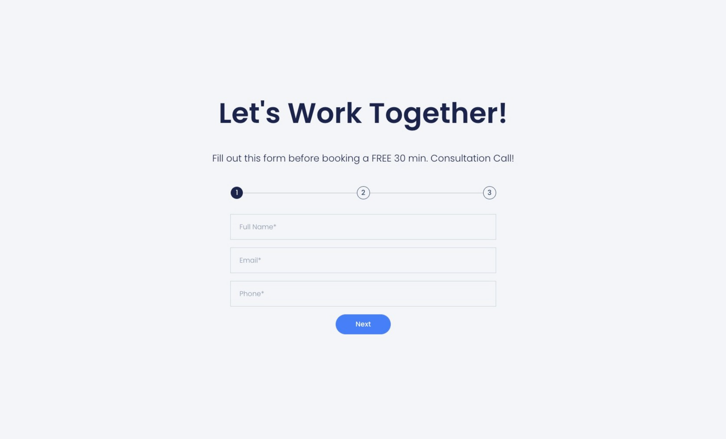 A clean and minimal website header with the text 'Let's Work Together!' in dark text on a white background.