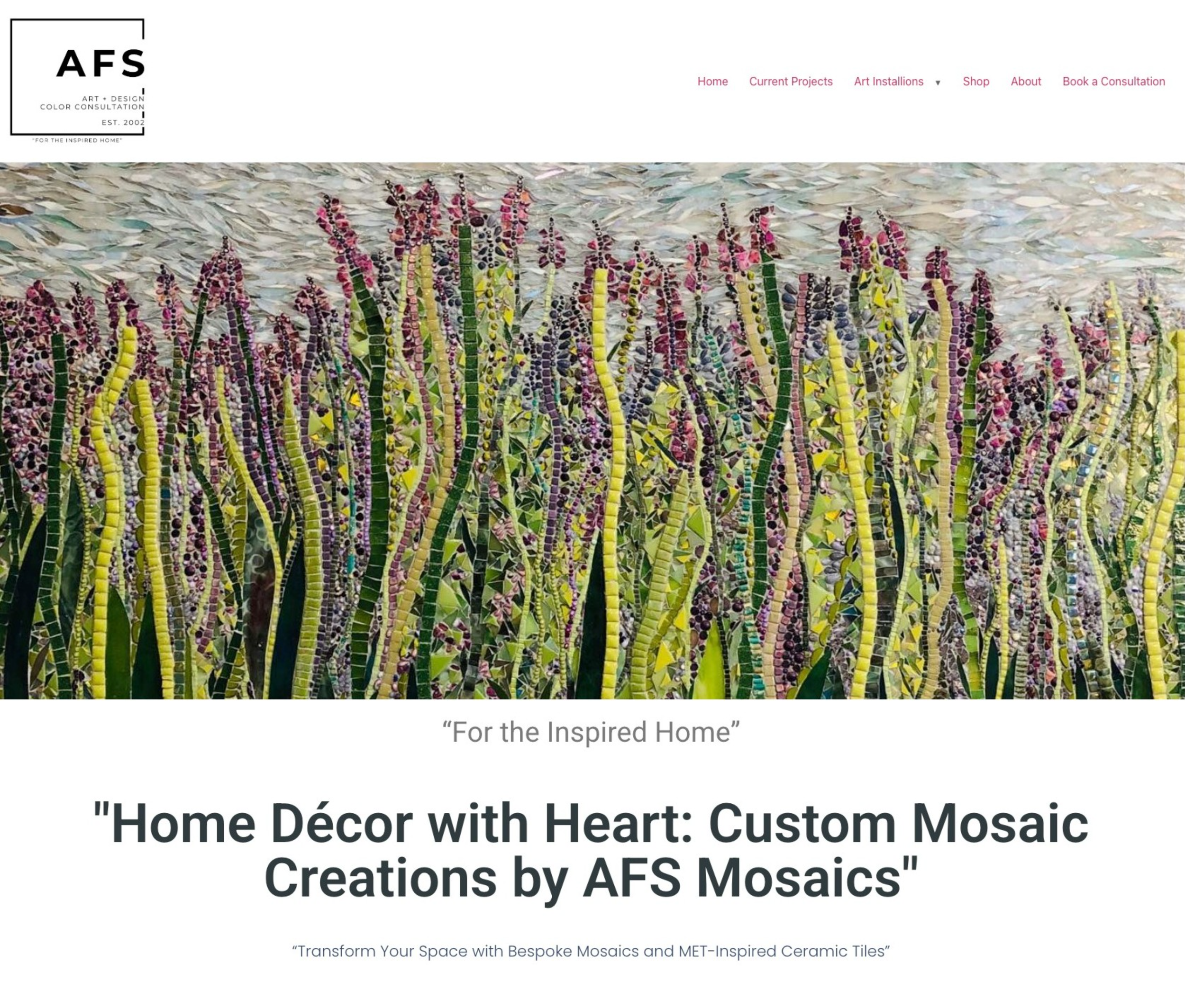A website header showing colorful mosaic artwork of tall purple and yellow wildflowers against a textured background.