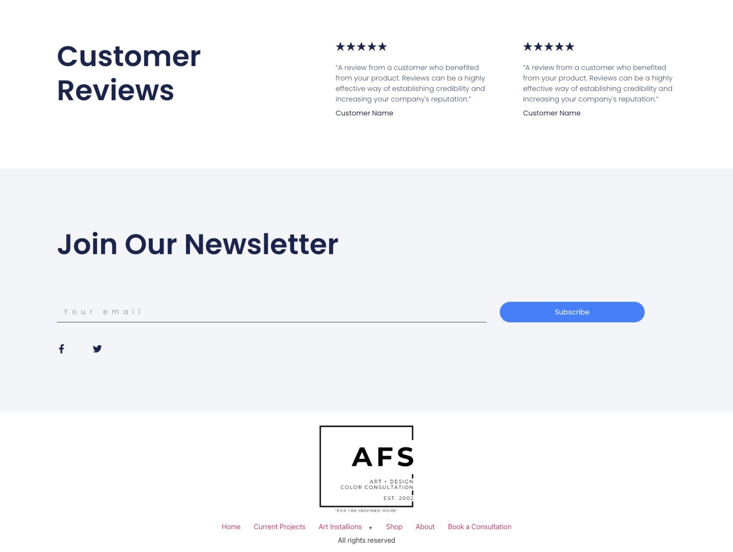 A navigation menu bar showing customer reviews and newsletter signup options with AFS logo.