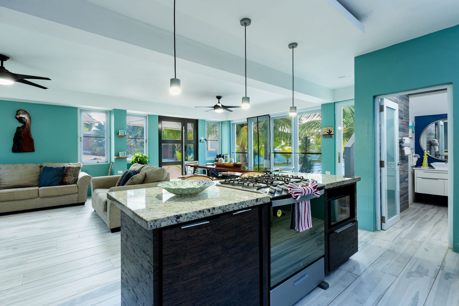 Kitchen, living room and dining room. Beach house in Vega Baja, Puerto Rico.