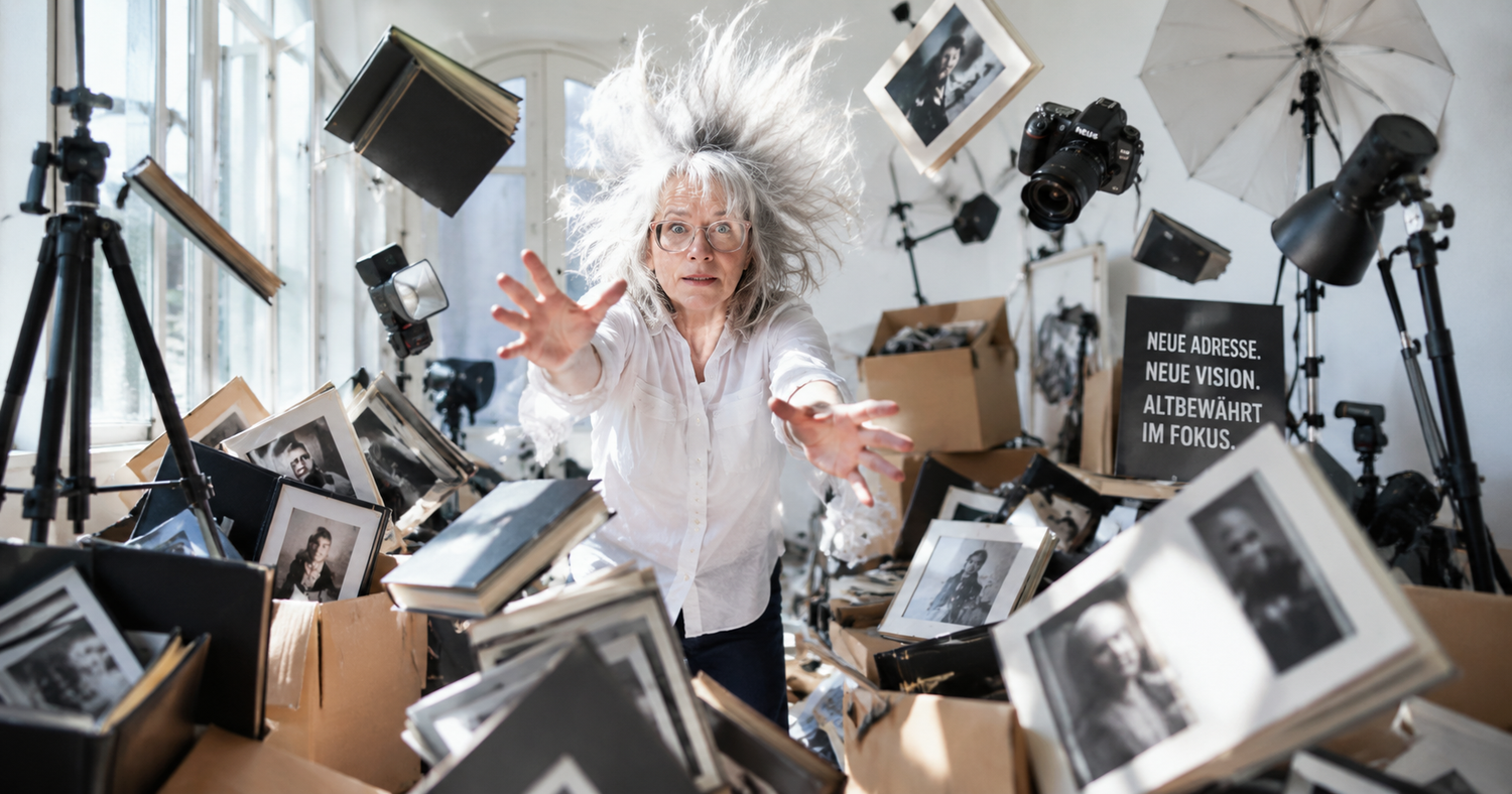 Elderly woman with wild white hair surrounded by floating photos and cameras in a chaotic, artistic studio setting.