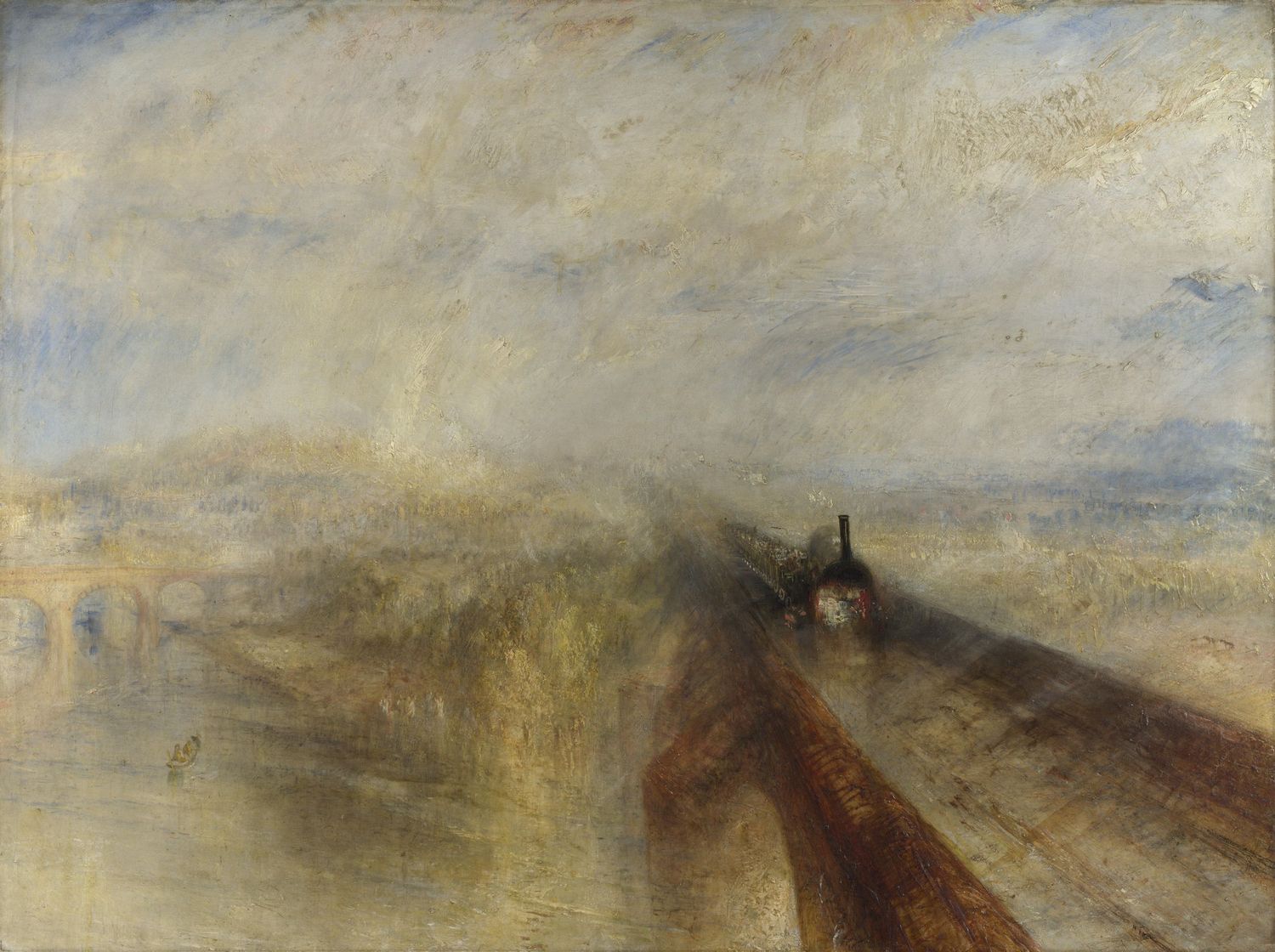 J.M.W. Turner's Rain, Steam and Speed painting depicting a locomotive emerging from misty atmospheric haze.