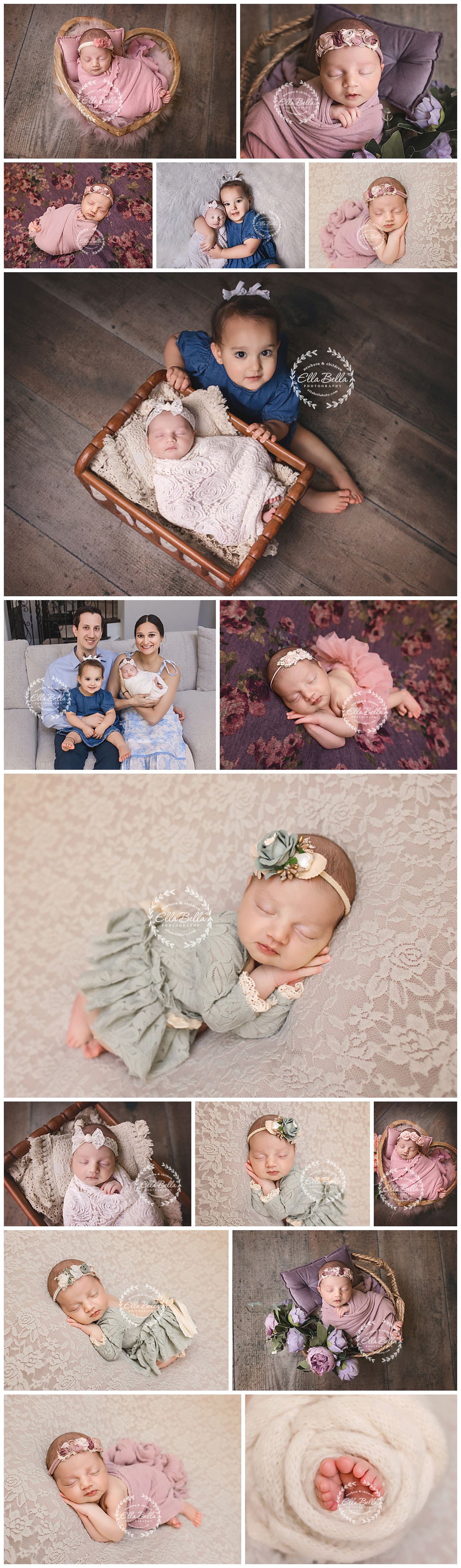 Newborn baby girl photography collage featuring family portraits and sleeping infant poses with floral props and pink accessories.