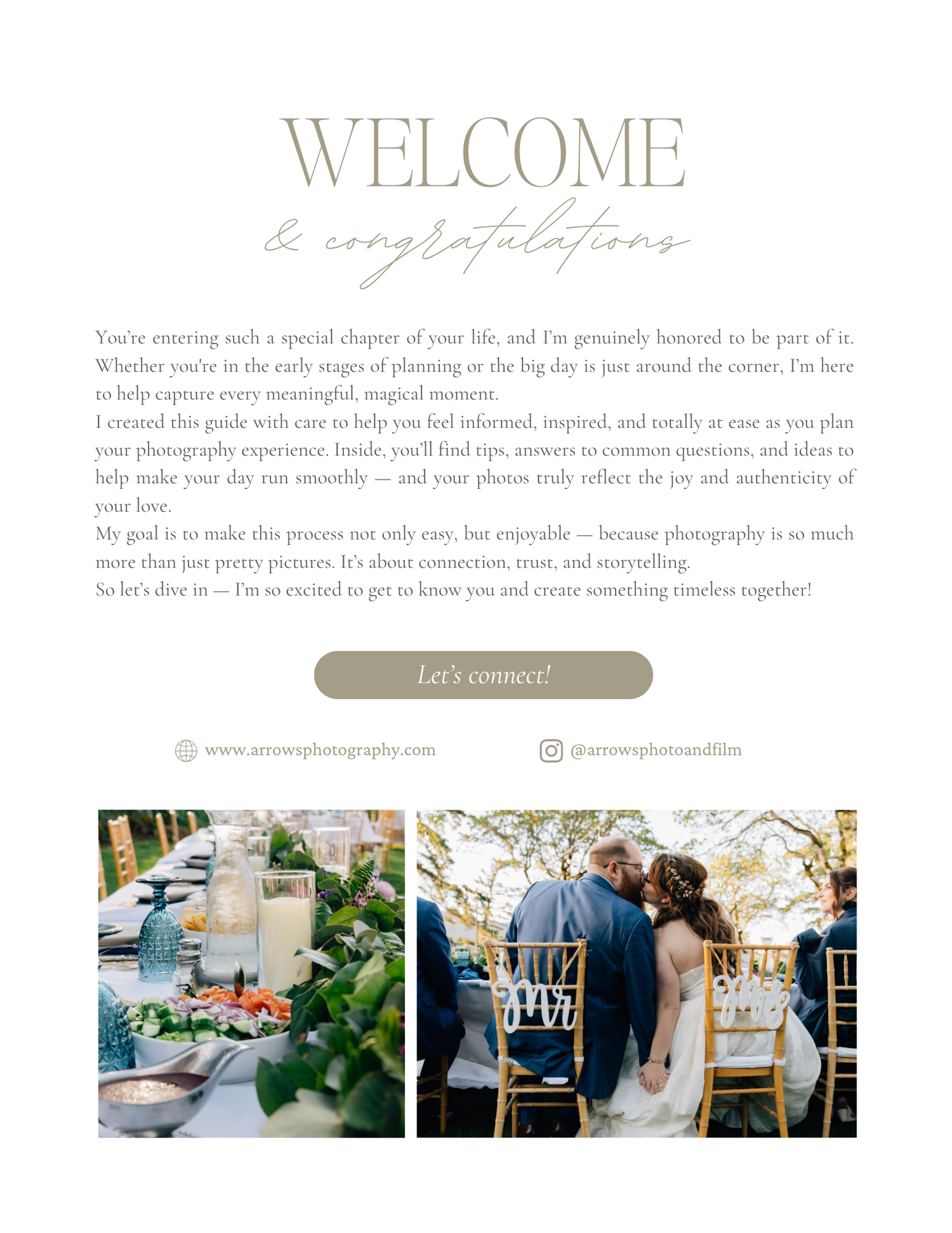 Welcome and congratulations wedding photography guide with elegant table setting and outdoor ceremony venue photos.