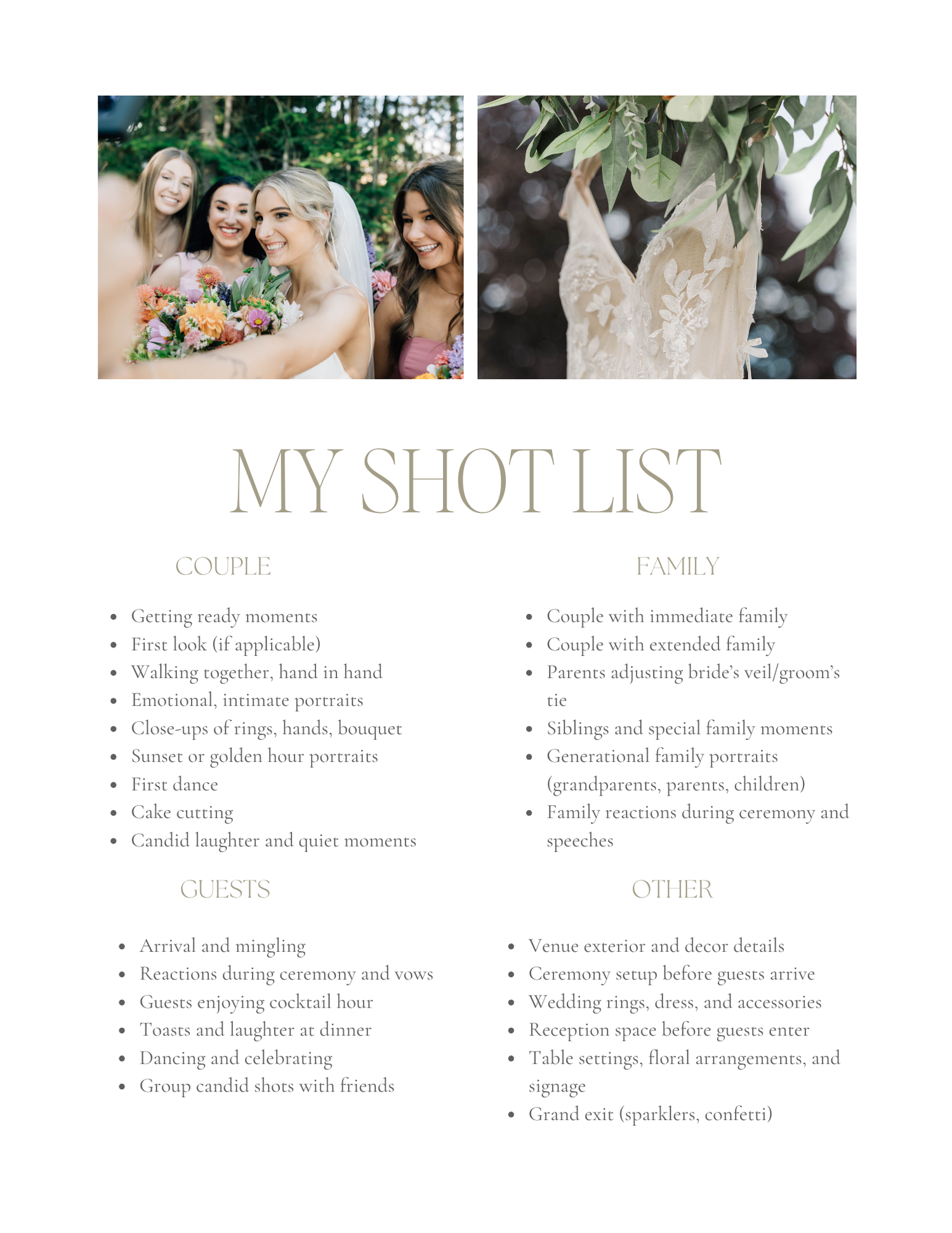 A wedding photographer shot list template featuring couple, family, guest, and other photo categories with two bridal party photos.
