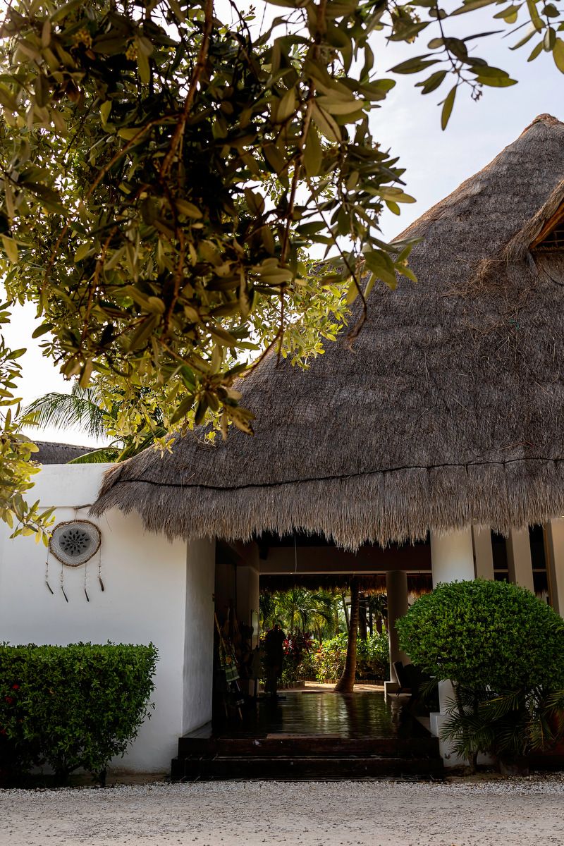 Tropical villa entrance with thatched roof, white walls, dream catcher, lush greenery, and a serene pathway.