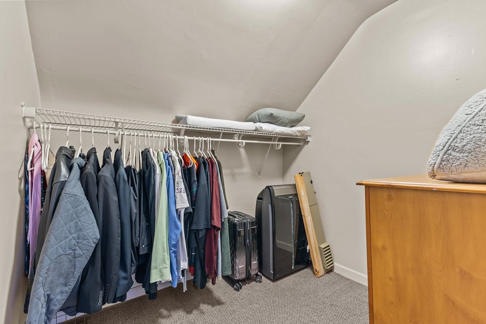 Walk-in closet with built-in shelving, hanging clothes rods, and carpeted flooring.
