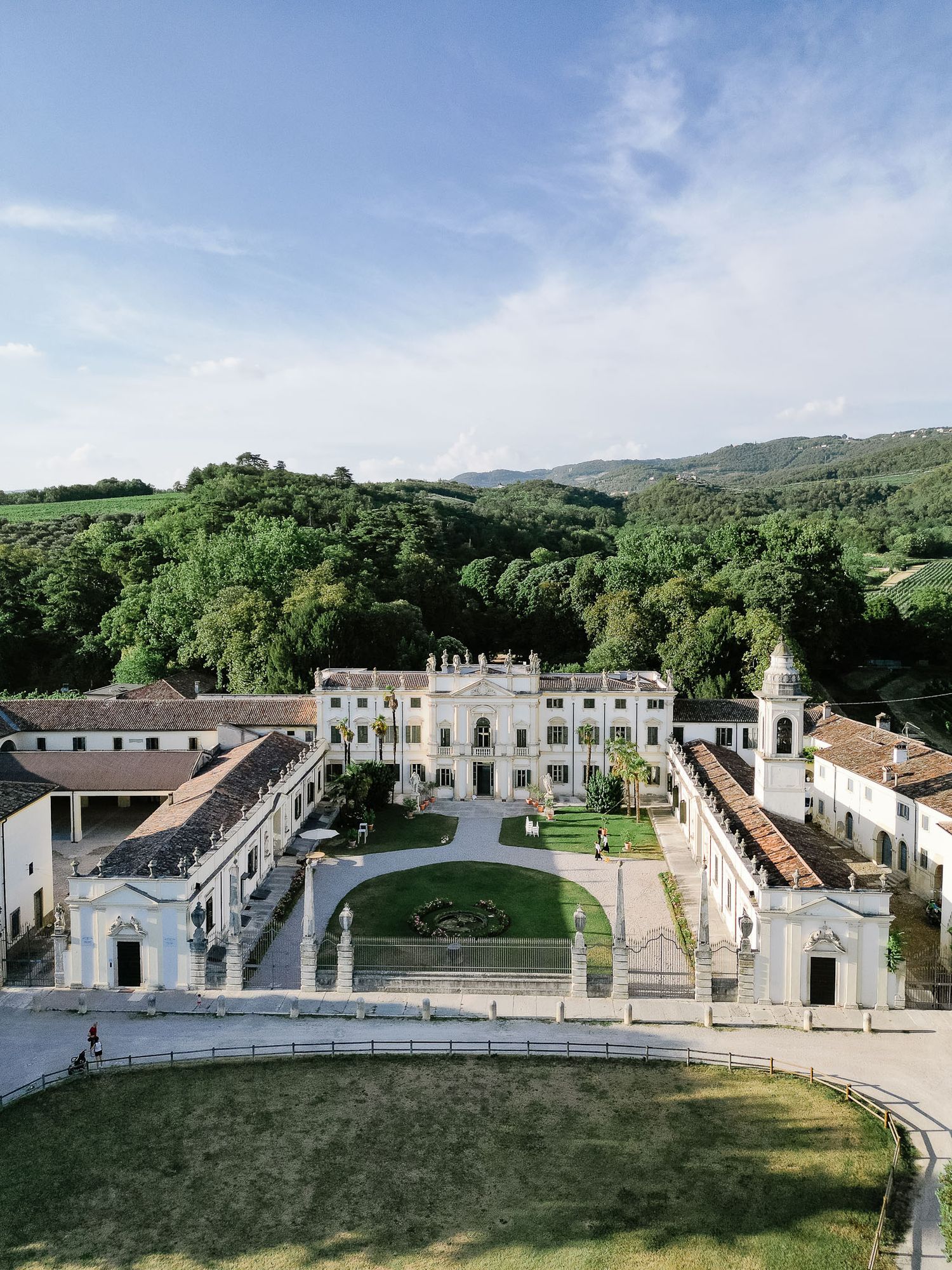 Drone view of Villa Mosconi Bertani, Valpolicella, during a civil ceremony