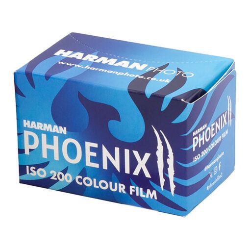 Harman Phoenix ISO 200 colour film box in blue packaging with phoenix bird design, 35mm format.