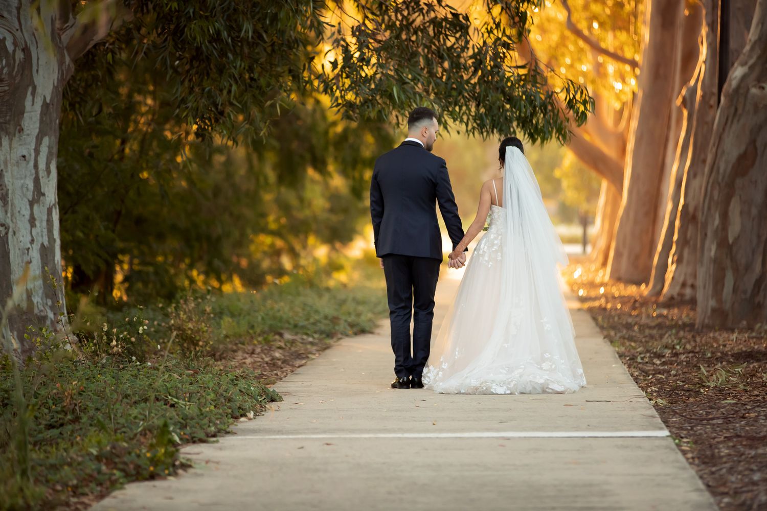 Bride and groom walking hand in hand down a sunlit path surrounded by lush autumn trees on their wedding day.