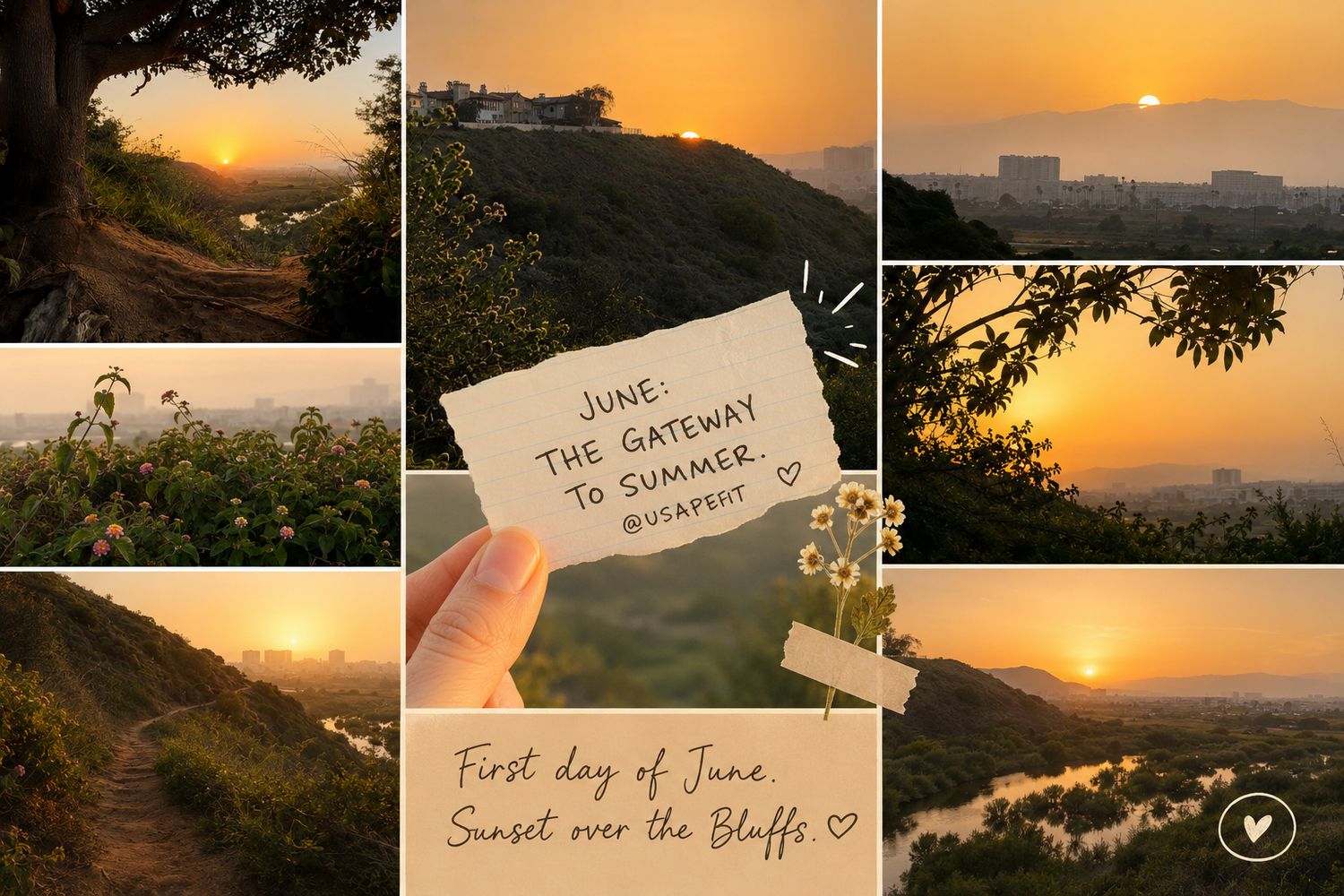 Golden sunset over the Bluffs on the first day of June, with warm orange skies and scenic hillside views.