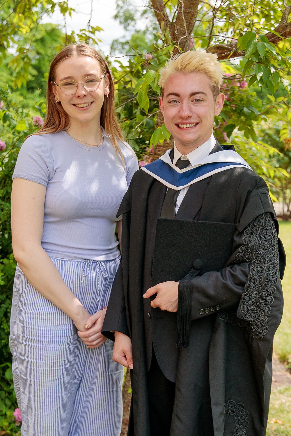 Graduation celebration photos in a garden with people wearing academic dress and casual attire.