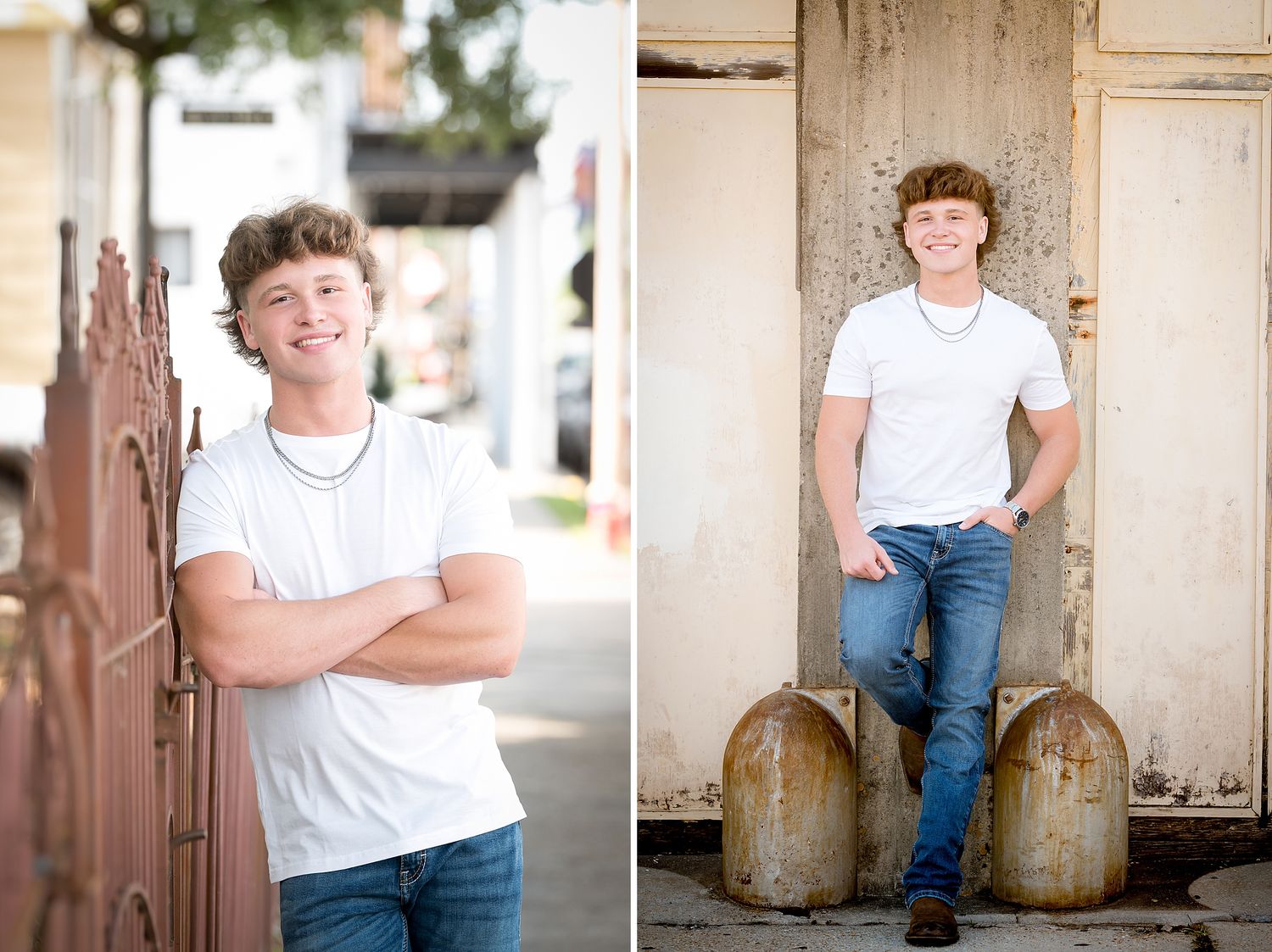 Teen boy in white tee and jeans smiling with arms crossed outdoors, senior portrait photography.