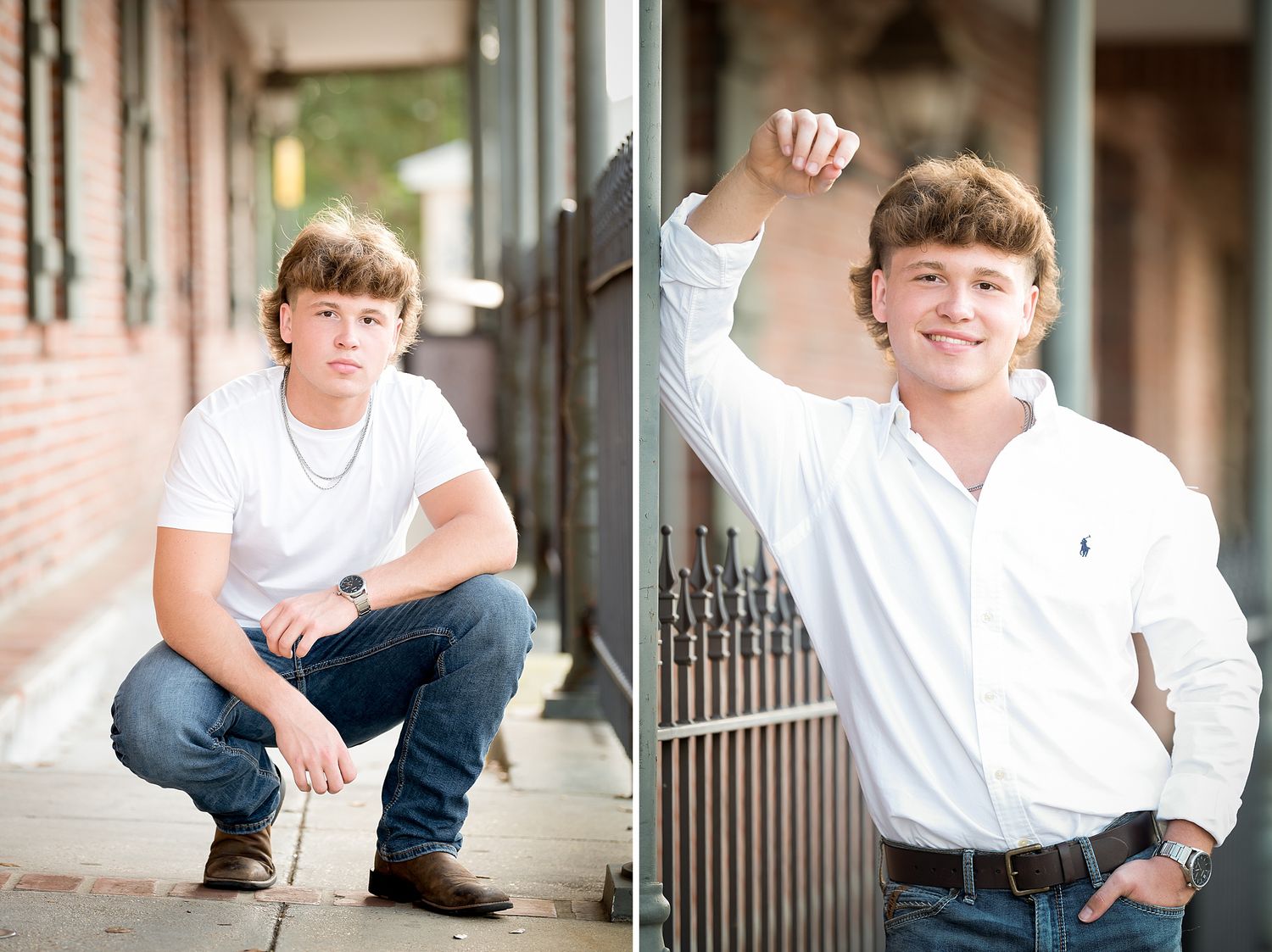 Teen boy in white shirt and jeans poses outdoors for senior portraits on urban sidewalk.
