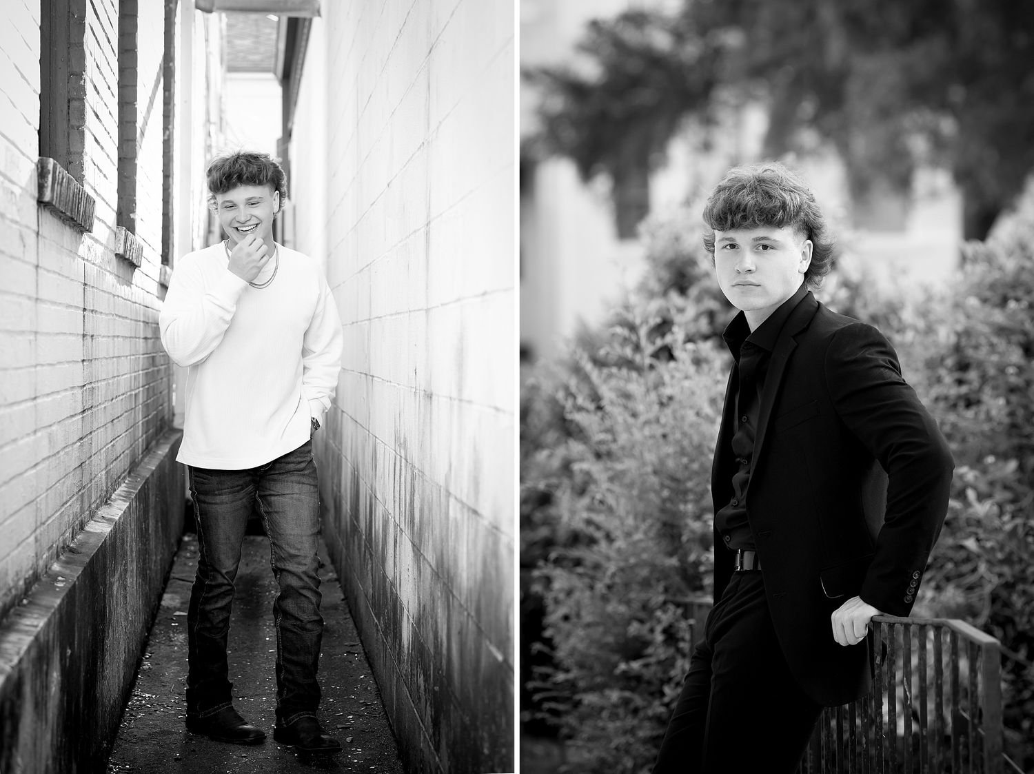 Black and white senior portrait photos of a young person posing outdoors in casual and formal attire.