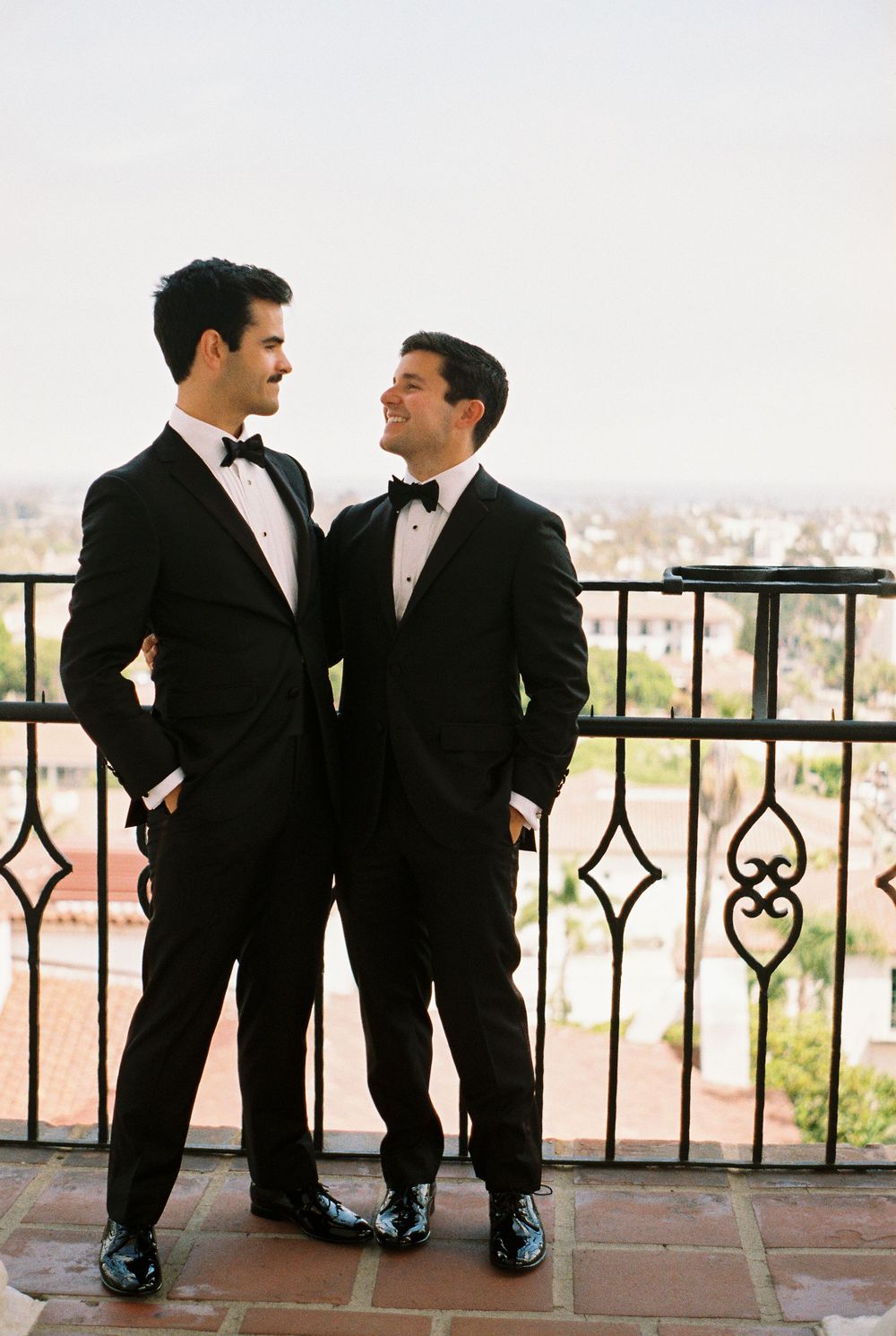 Film photo of Intimate, unposed close-up portrait of a gay couple on their wedding day in Santa Barbara, California.