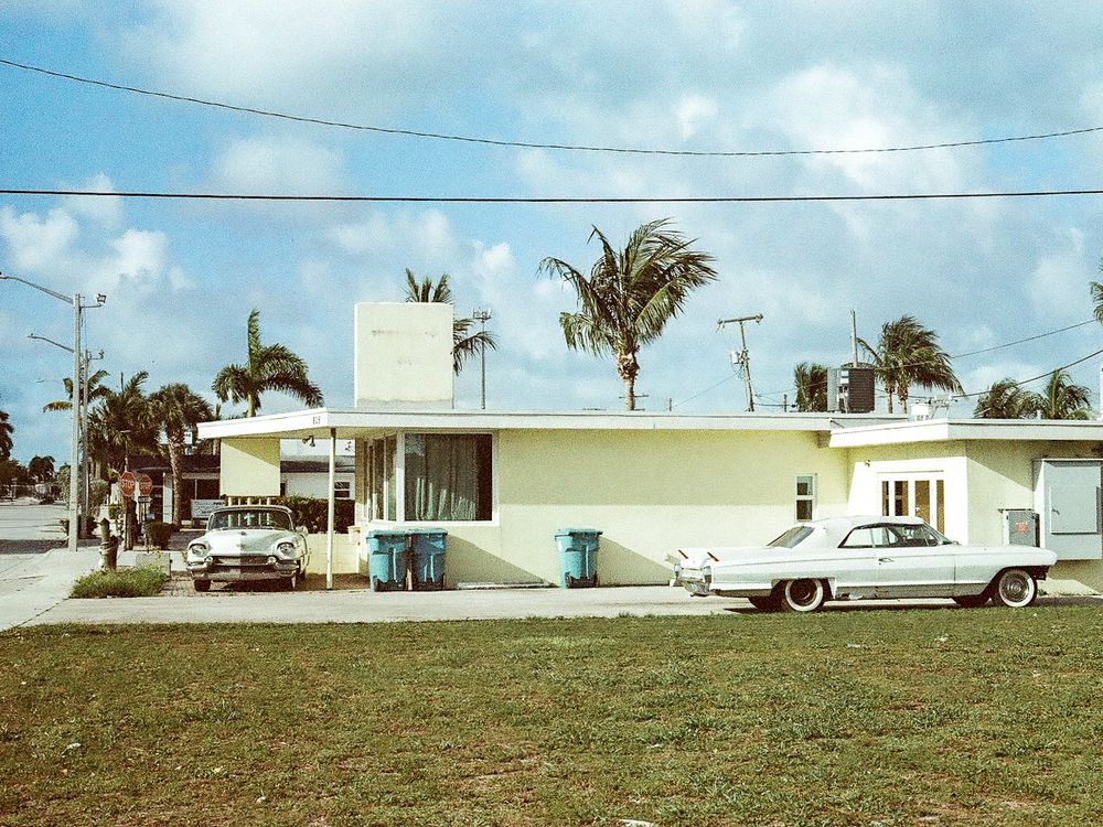 Vintage 1960s Florida motel with classic American cars parked outside, palm trees, and pastel architecture under a blue sky.
