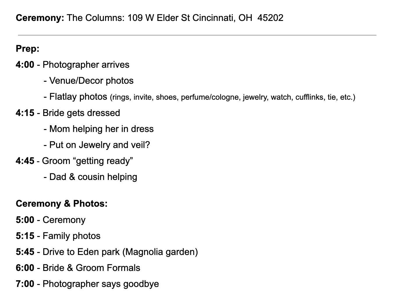 Wedding day timeline schedule showing ceremony at The Columns in Cincinnati, OH with photographer and bridal party preparation details.