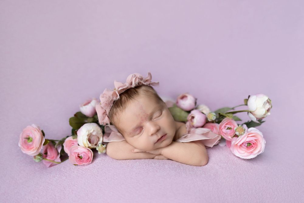 Newborn baby sleeping peacefully on purple backdrop surrounded by delicate pink roses.