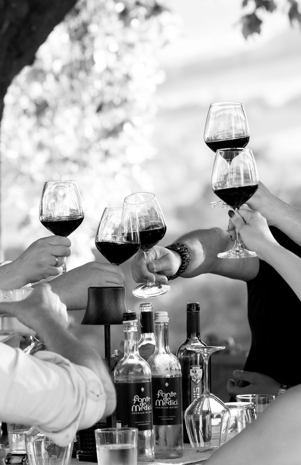 Wine glasses being raised in a celebratory toast against a bright background.