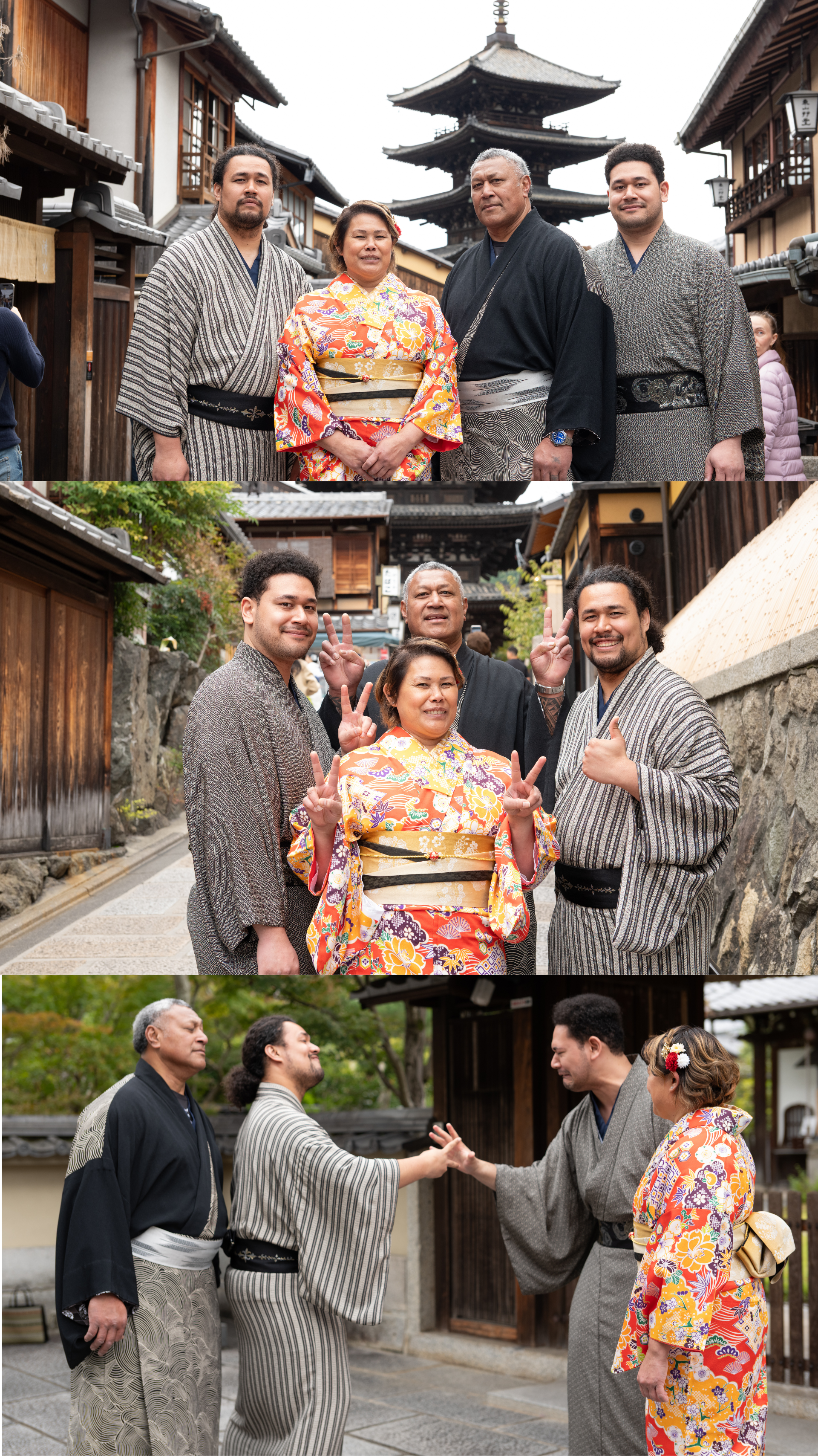 Family enjoying a fun photoshoot in traditional Japanese attire near a pagoda.