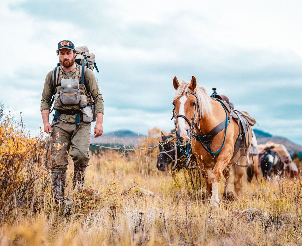 Hunter with backpack walks alongside a saddled brown horse through tall grass in rugged wilderness terrain.
