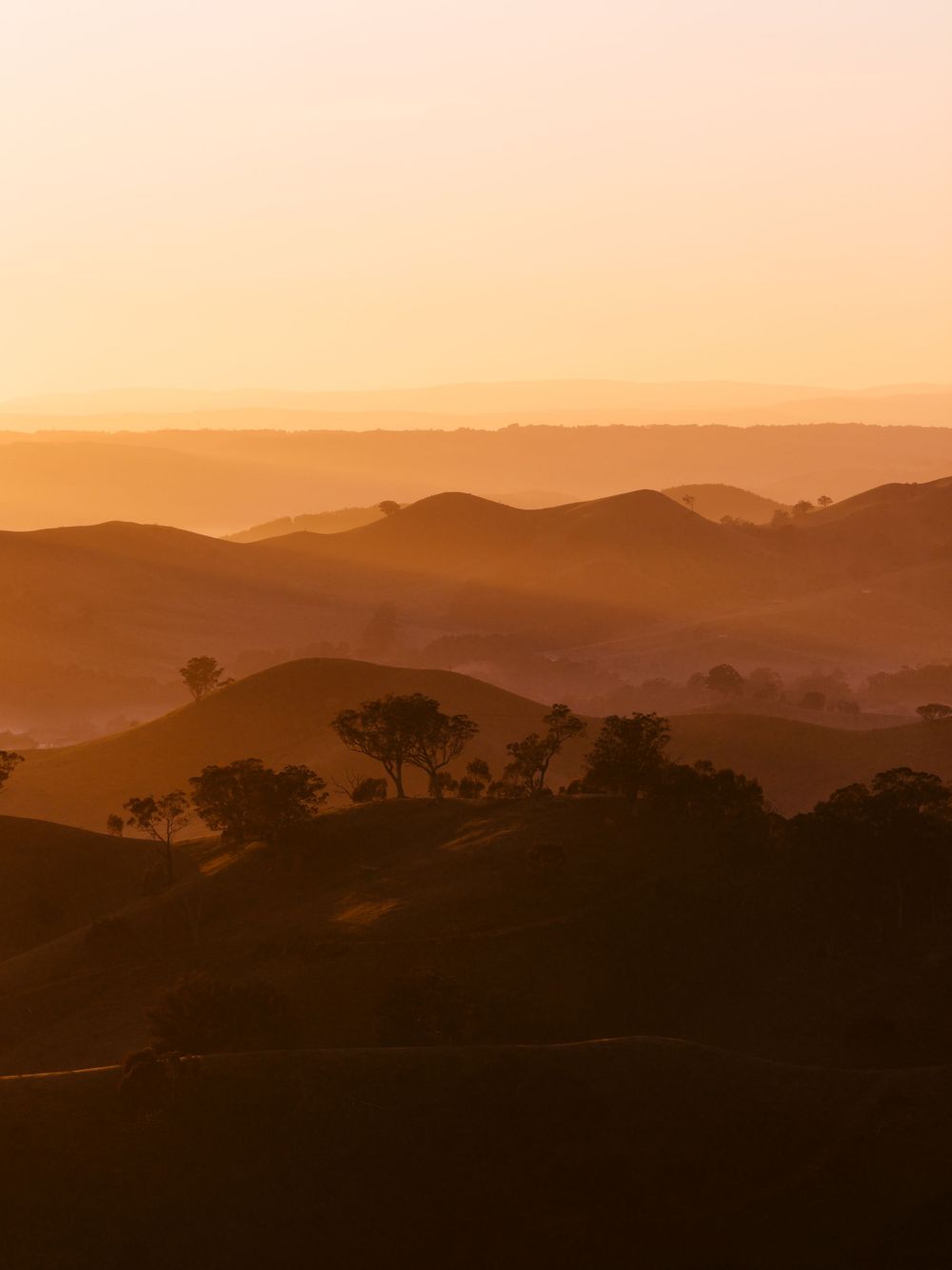 Sunset over rolling farmland in Goulburn Region Victoria for Visit Victoria. Murchison Gap